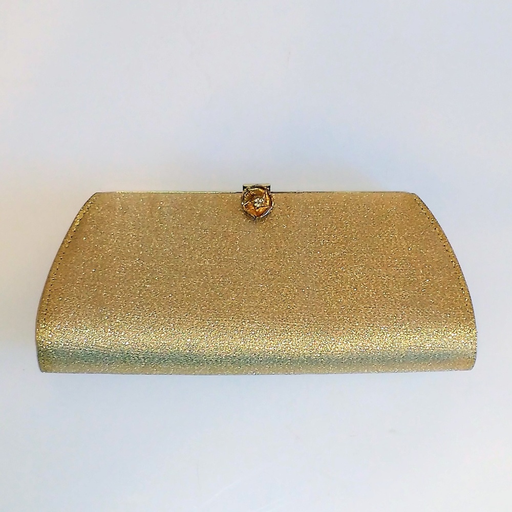 Gold Fabric Clutch Crystal Flower Clasp - Picture 2 of 8
